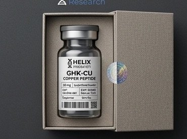 Vial de GHK-Cu de Helix Research en su estuche, con etiqueta de lote y Certificado de Análisis